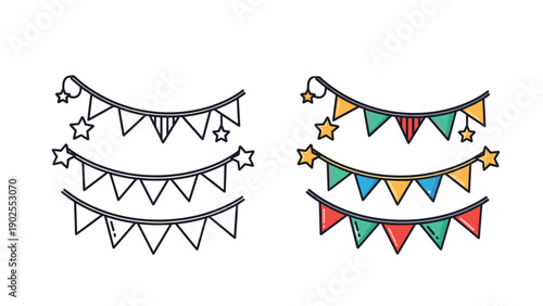 Festive bunting flags and garland banners available in both simple line art and vibrant multi colored versions for celebrations.