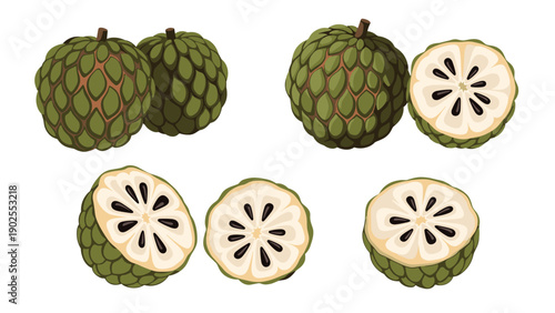 Delicious sugar apples or custard apples shown in whole fruit and sliced sections revealing the white flesh and black seeds.