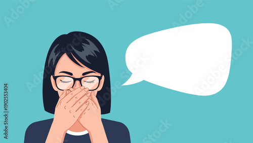 Woman with glasses covering her mouth with both hands in shock or silence with a large empty speech bubble for text messages.