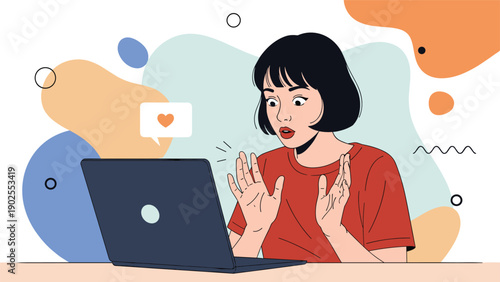 Surprised young woman looking at laptop screen with heart notification icon popping up against abstract colorful shapes.