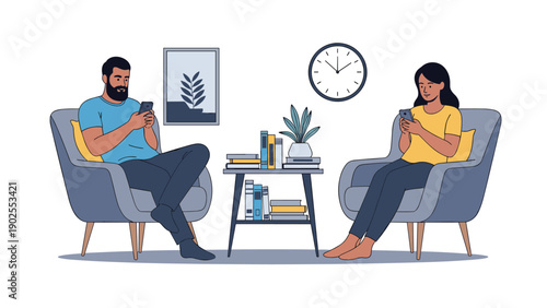 Man and woman sitting in armchairs in a living room ignoring each other while focused on their individual smartphones.