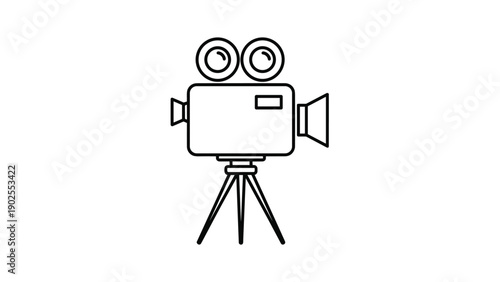 Professional movie camera icon depicted in a simple line drawing on a sturdy tripod for cinema and video production concepts.