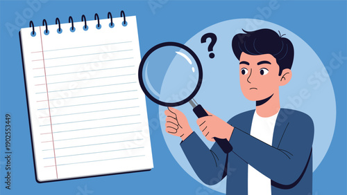 Concerned young man holding a magnifying glass to inspect a blank spiral notebook page on a blue circular background.
