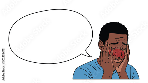 Black man suffering from high fever or headache holding his face with a blank speech bubble for medical text.