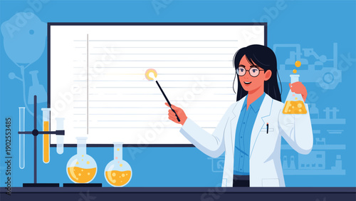 Female scientist in a white lab coat holding a flask and pointing at a whiteboard during a chemistry presentation.