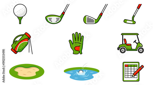 Golf icons set with ball club bag glove cart and scorecard on white background
