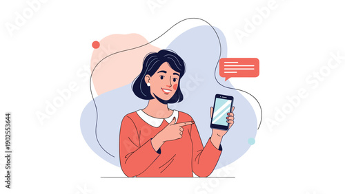 Happy woman in a red sweater pointing at a blank smartphone screen with a speech bubble for mobile app promotion.