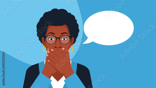 Surprised senior black woman covering her mouth with her hands and a blank speech bubble for shock or amazement.