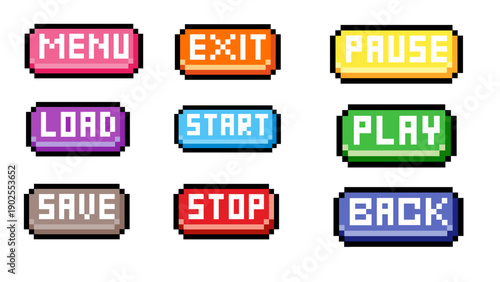 Colorful pixel art game interface buttons in retro 8-bit style. Essential commands like start, menu, play, and pause for nostalgic gaming or digital design projects