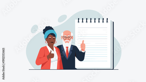 Diverse senior couple giving a thumbs up gesture while standing next to a large blank spiral notebook for reviews.