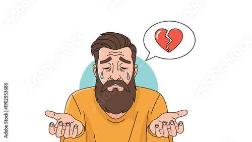 Sad bearded man in a yellow sweater crying with a broken heart icon in a speech bubble representing heartbreak.