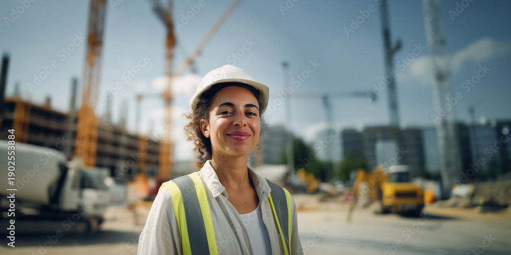 Obraz premium A close-up portrait of a smiling young Caucasian woman in a white safety helmet and yellow vest. The background shows a busy construction site with workers and heavy machinery.