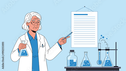 Senior female scientist wearing a white lab coat points toward a research report hanging on the wall in a modern laboratory environment.