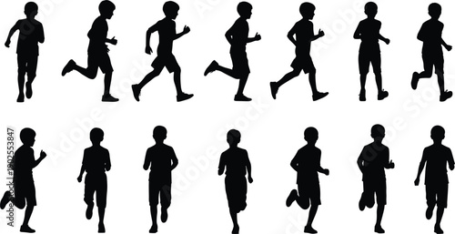 Running child silhouette sequence showing boy jogging and sprinting poses isolated on white background, motion progression concept for fitness, sports, animation, and healthy lifestyle design