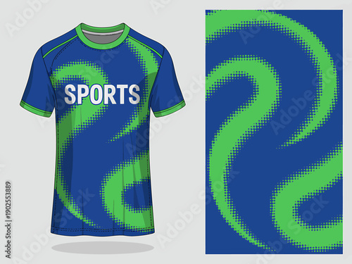 Blue and green sports tshirt design with swirling pattern and text