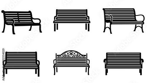 Silhouette collection of different park and garden benches in various styles suitable for urban planning and outdoor furniture themes.