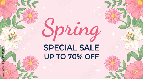Spring special sale advertisement with flowers and discount offer