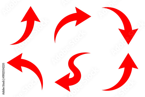 Red curved arrows pointing in different directions on white background