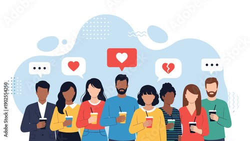 Group of diverse people standing together holding coffee cups with various social media reaction icons floating above their heads.