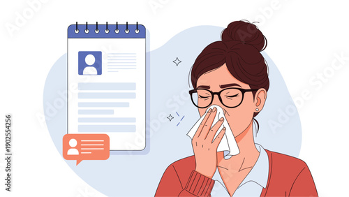 Woman with glasses blowing her nose with a tissue in front of a digital notebook and personal profile icon on a light blue background.