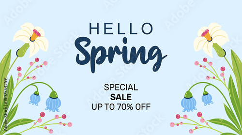 Hello Spring special sale advertisement with flowers and text on blue background