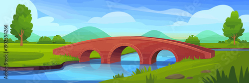 Cartoon illustration of a red brick bridge over a river in a green landscape