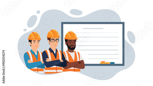 Team of professional construction workers in safety vests and hard hats standing confidently in front of a blank presentation board.