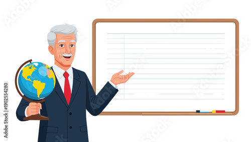 Senior male professor holding a globe and gesturing toward a large blank whiteboard during a geography lesson in a classroom setting.