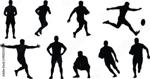 Rugby player silhouette set showing running, tackling, passing and kicking action poses in black minimalist sports illustration style