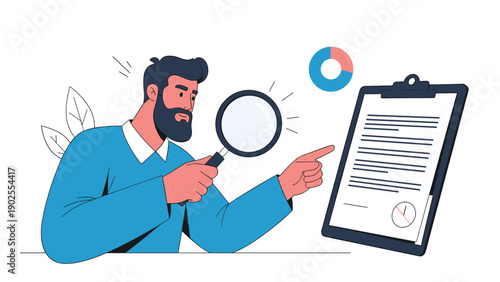 Professional man with a beard looking through a magnifying glass at a contract or document on a clipboard for detailed examination.