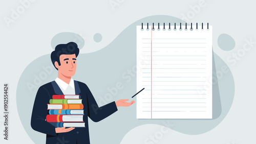 Professional man in a suit holding a stack of books and using a pointer on a large blank lined paper template for a presentation.