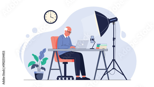 Senior man focusing on his laptop while sitting at a desk in a professional studio setup with a large softbox light for recording.