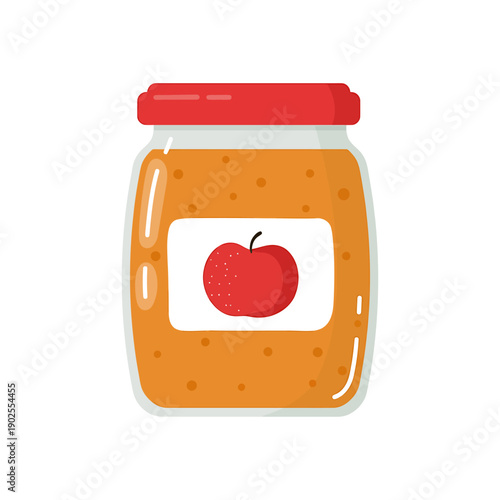 Cartoon illustration of a jar of apple jam with red lid and label