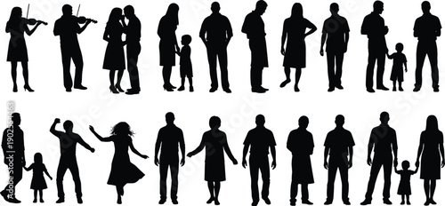 Set of diverse human silhouettes including men women children and families standing walking playing and interacting isolated on white background vector illustration