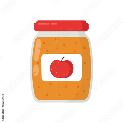 Cartoon illustration of a jar of apple jam with red lid and label