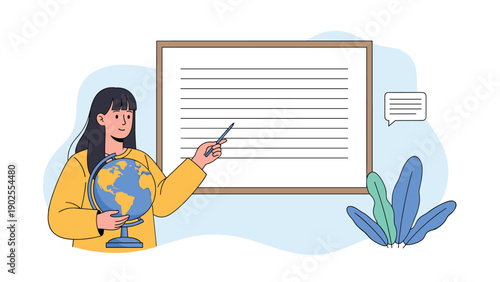 Young woman pointing with a pen to a blank whiteboard while holding a world globe in her other hand during a geography lesson.