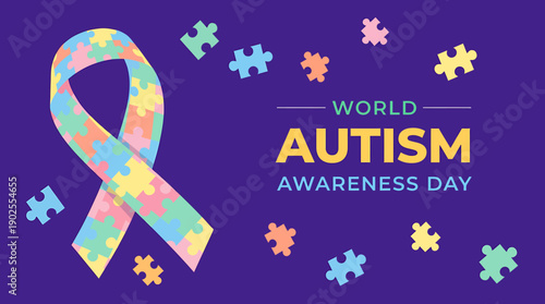 World Autism Awareness Day colorful puzzle pieces ribbon purple background