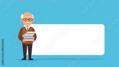 Smiling senior man with glasses carrying a stack of books in front of a large blank horizontal board for educational presentation.