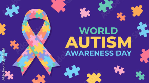 World Autism Awareness Day colorful puzzle pieces ribbon purple background