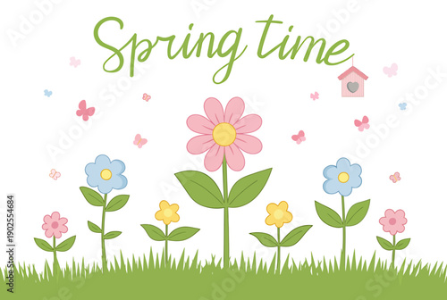 Springtime flowers and butterflies with grass and birdhouse illustration