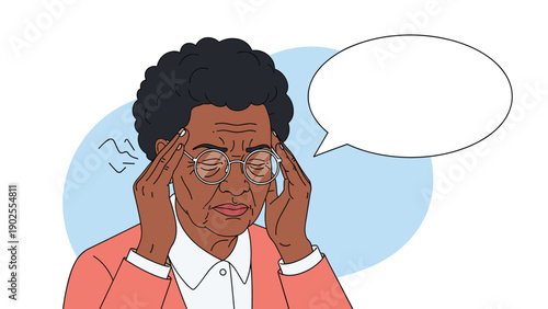 Elderly woman with grey hair and glasses touching her temples in pain from a headache with a blank speech bubble for messages.
