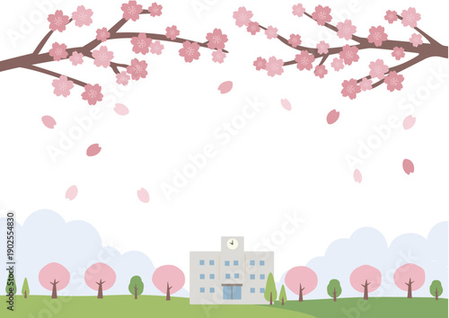 春のバナー　学校と満開の桜のイラスト　春の背景