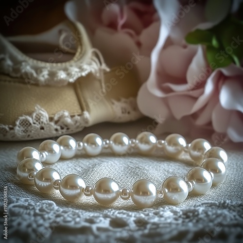 Elegant pearl necklace arranged with flowers, luxury jewelry still life isolated on white background