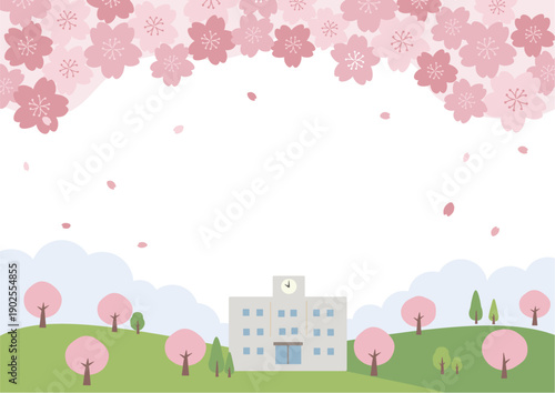 満開の桜と学校の背景イラスト　春の背景イラスト　春素材　バナー