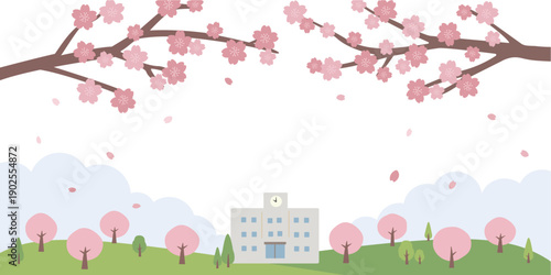 春のバナー　背景イラスト　春素材　学校と桜のイラスト　