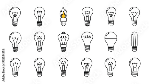 Collection of different light bulb icons including one with a flame representing ideas innovation and energy concepts.