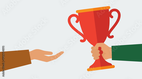 Person giving a red trophy cup to another person