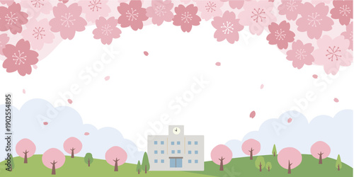 春のバナー　背景イラスト　春素材　学校と桜のイラスト　