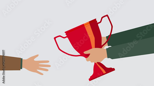 Person giving and receiving a red trophy cup from another person