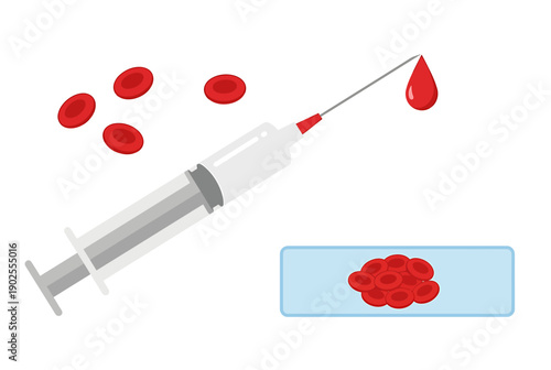 Blood syringe with red cells and drop on needle medical concept